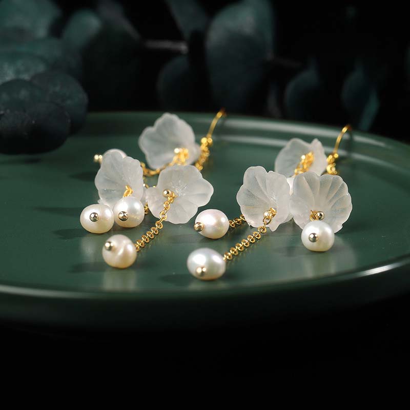 Fortune Jewel Pearl Flower Petals Luck Drop Earrings