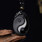 Fortune Jewel Natural Black Obsidian Yin Yang Fulfilment Strength Necklace Pendant