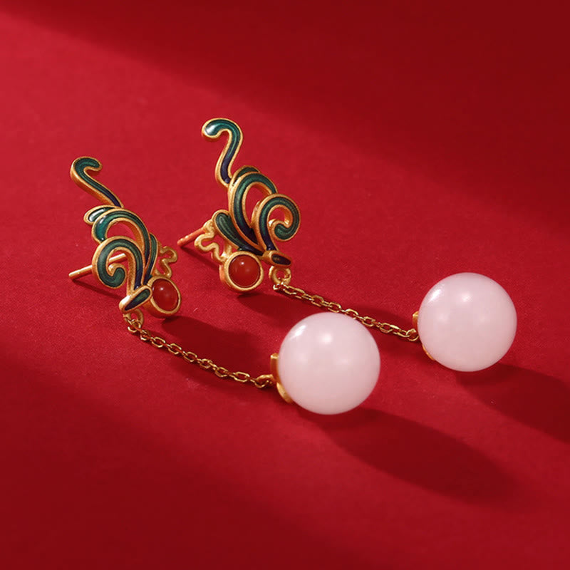 Fortune Jewel Vintage White Jade Red Agate Bead Blessing Drop Dangle Earrings