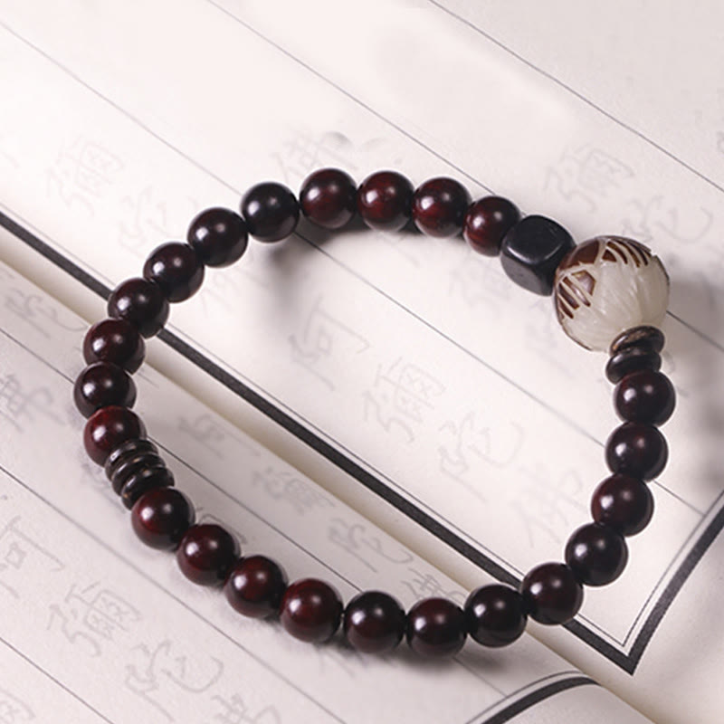 Fortune Jewel Small Leaf Red Sandalwood Lotus Bodhi Seed Carved Protection Double Wrap Bracelet