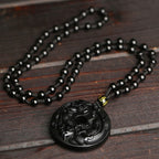 Fortune Jewel Natural Black Obsidian Peace Buckle Pixiu Bead Rope Strength Necklace Pendant