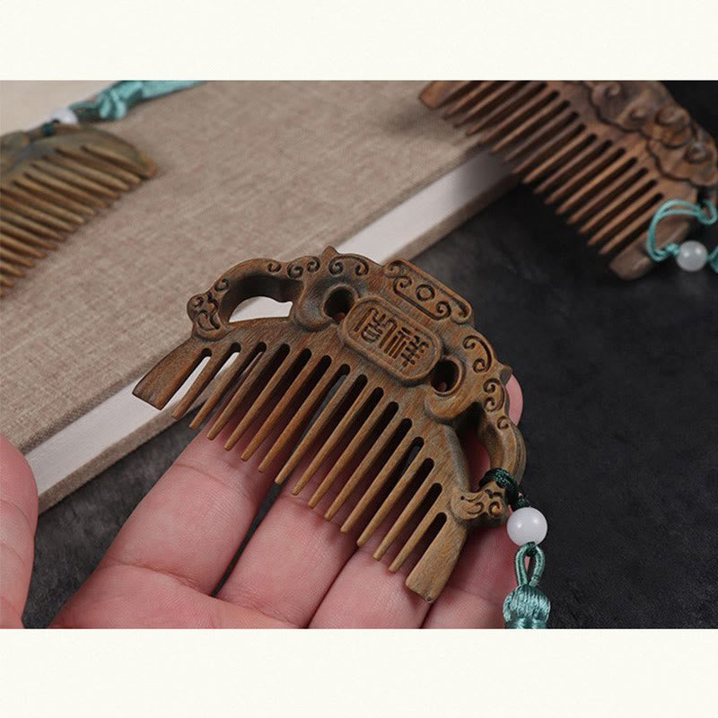 Fortune Jewel Green Sandalwood Fox Peony Flower Lotus Engraved Cure Tassel Comb Fortune Jewel