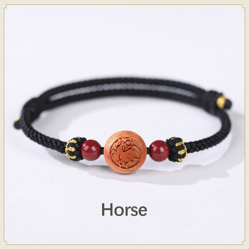 Fortune Jewel Natural Peach Wood Chinese Zodiac Fu Character Carved Cinnabar Wealth Bracelet