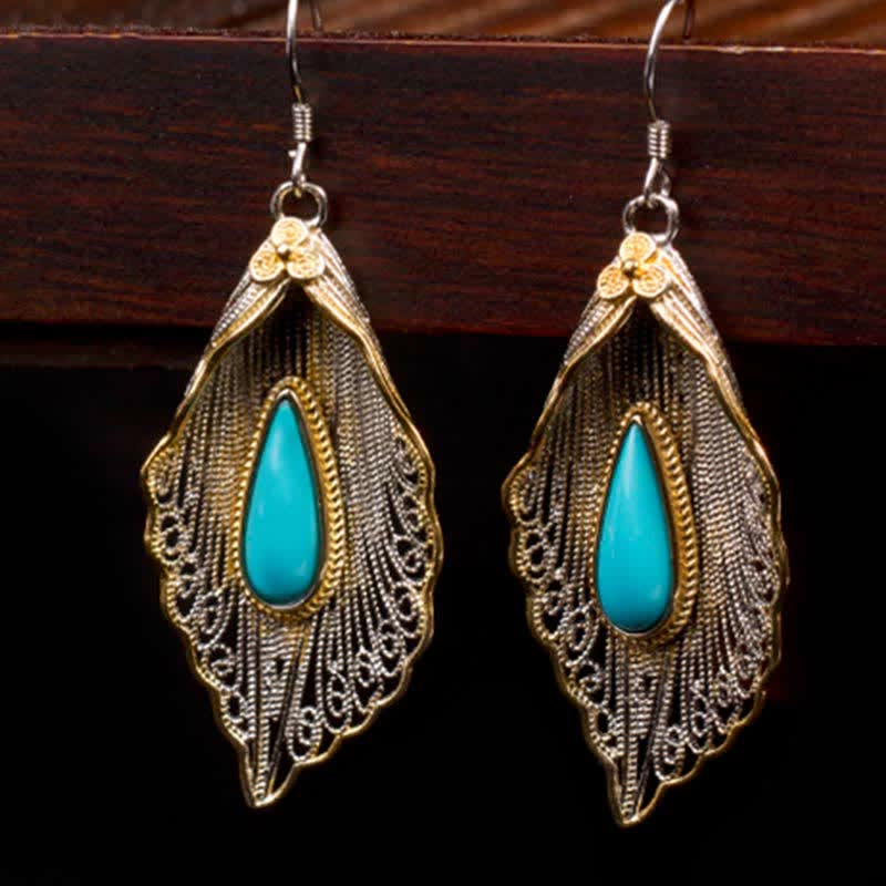 Fortune Jewel 925 Sterling Silver Turquoise Bodhi Leaf Pattern Protection Drop Dangle Earrings