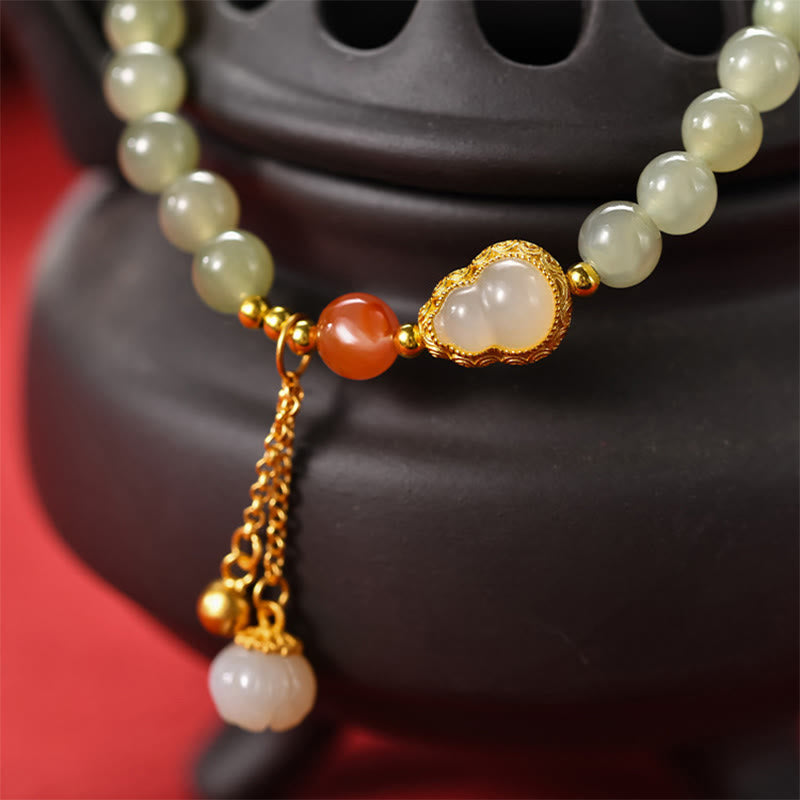 Fortune Jewel 925 Sterling Silver Hetian Jade Gourd Lotus Abundance Luck Bracelet
