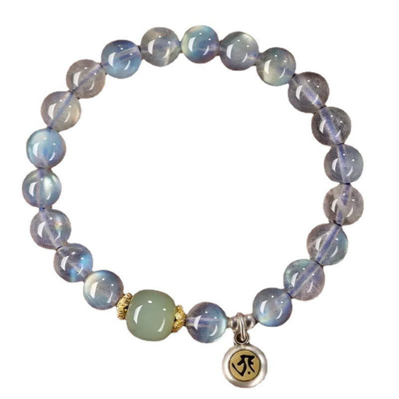 Fortune Jewel Chinese Zodiac Natal Buddha 925 Sterling Silver Natural Moonstone Hetian Jade Positive Bracelet