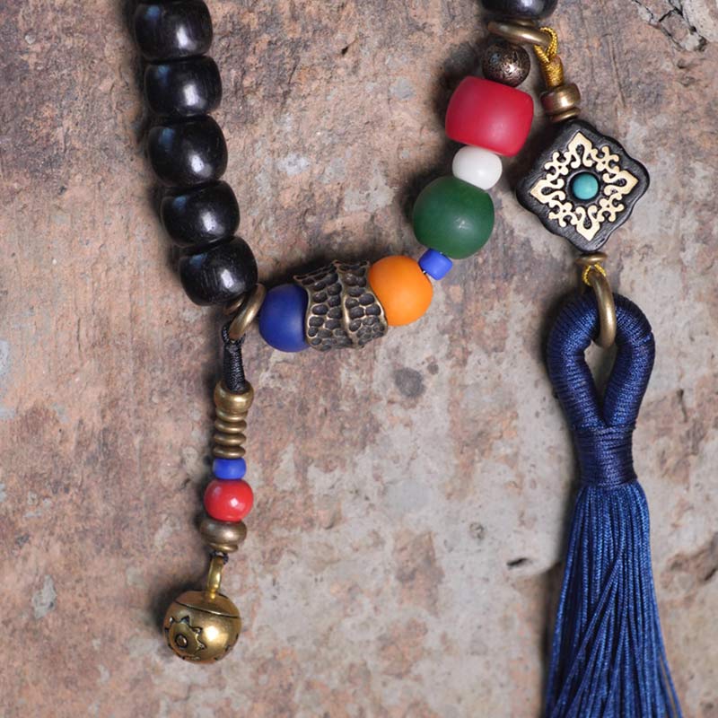 Fortune Jewel 108 Beads Mala Ebony Wood Dzi Bead Copper Balance Tassel Bracelet
