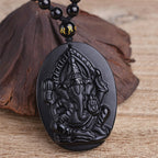 Fortune Jewel Tibetan Obsidian Ganesh Ganpati Elephant Wealth Amulet Necklace