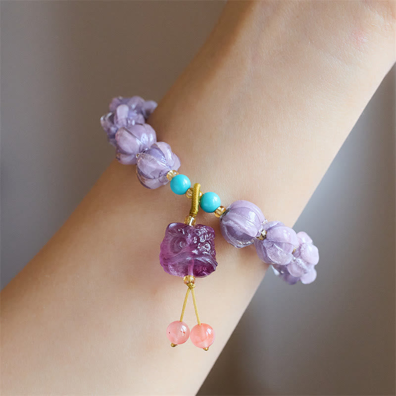 Fortune Jewel Liuli Glass Bead Lotus Design Fluorite Ivory Fruit Dancing Lion Charm Enlightenment Bracelet