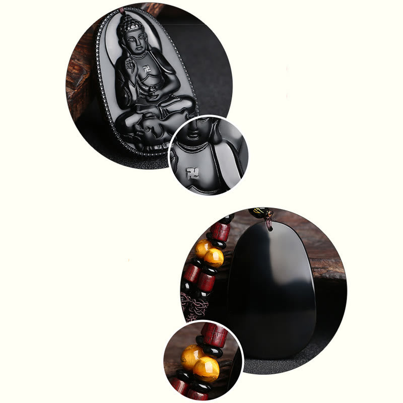 Fortune Jewel Chinese Zodiac Natal Buddha Natural Black Obsidian Purification Necklace Pendant