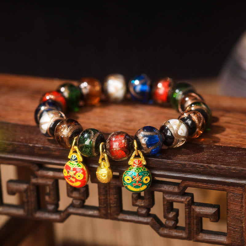 Fortune Jewel Five Elements Gold Swallowing Beast Family Charm Liuli Glass Bead Luck Bracelet