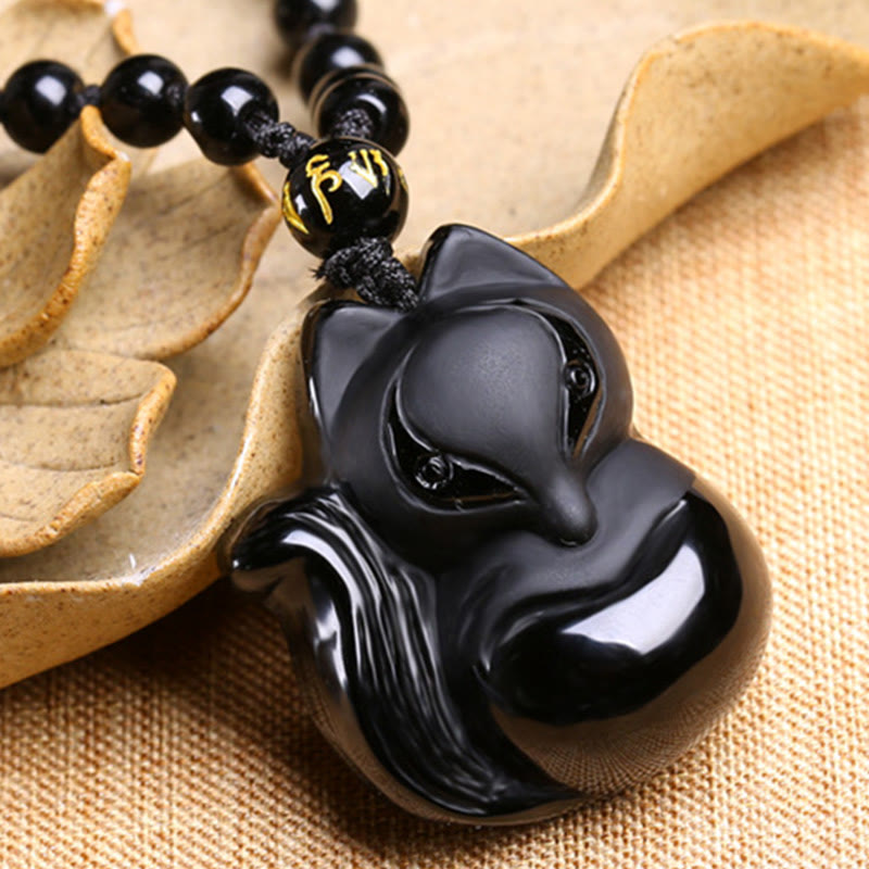 Fortune Jewel Natural Black Obsidian Tiger Eye Ice Obsidian Fox Pendant Amulet Necklace