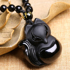 Fortune Jewel Natural Black Obsidian Tiger Eye Ice Obsidian Fox Pendant Amulet Necklace