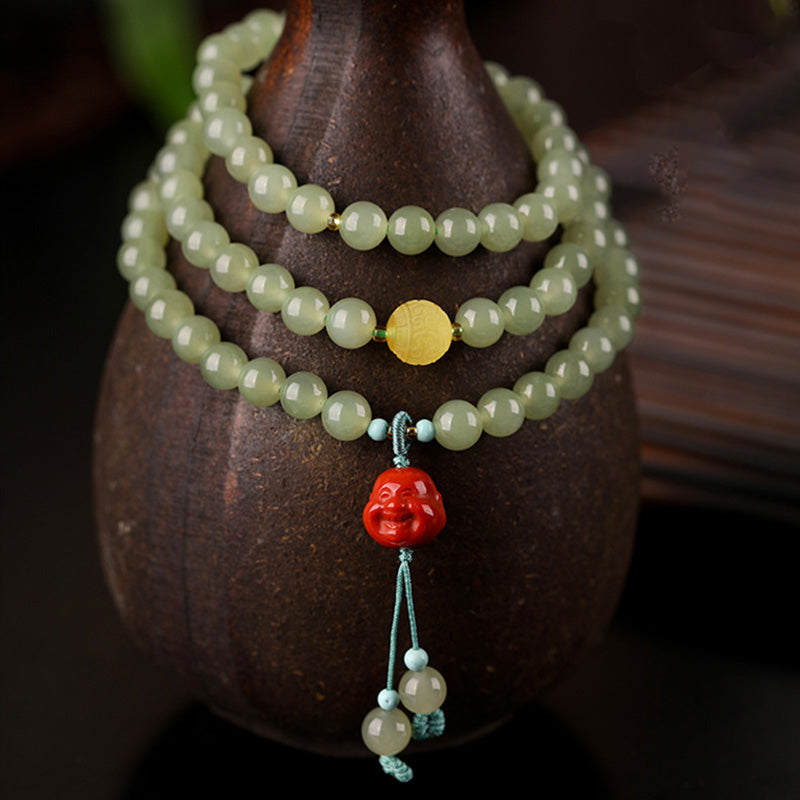 Fortune Jewel Jade Red Agate Amber Laughing Buddha Prosperity Bracelet