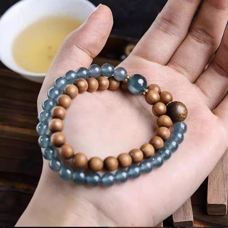 Premium Blue Ice Jadeite Double-Layer Bracelet with Authentic Mysore Old Sandalwood Prayer Beads