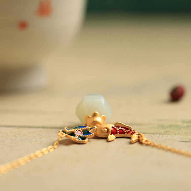 Fortune Jewel White Jade Koi Fish Lotus Copper Protection Necklace Pendant Fortune Jewel