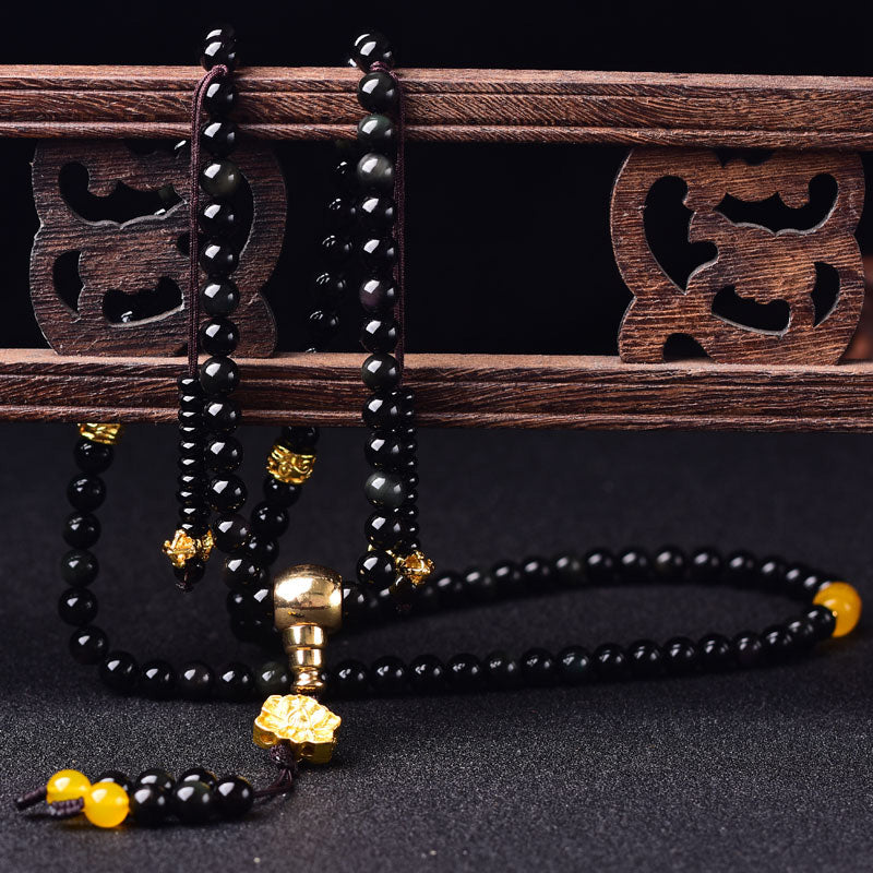 Fortune Jewel 108 Beads Natural Black Obsidian Lotus Fulfilment Mala Bracelet