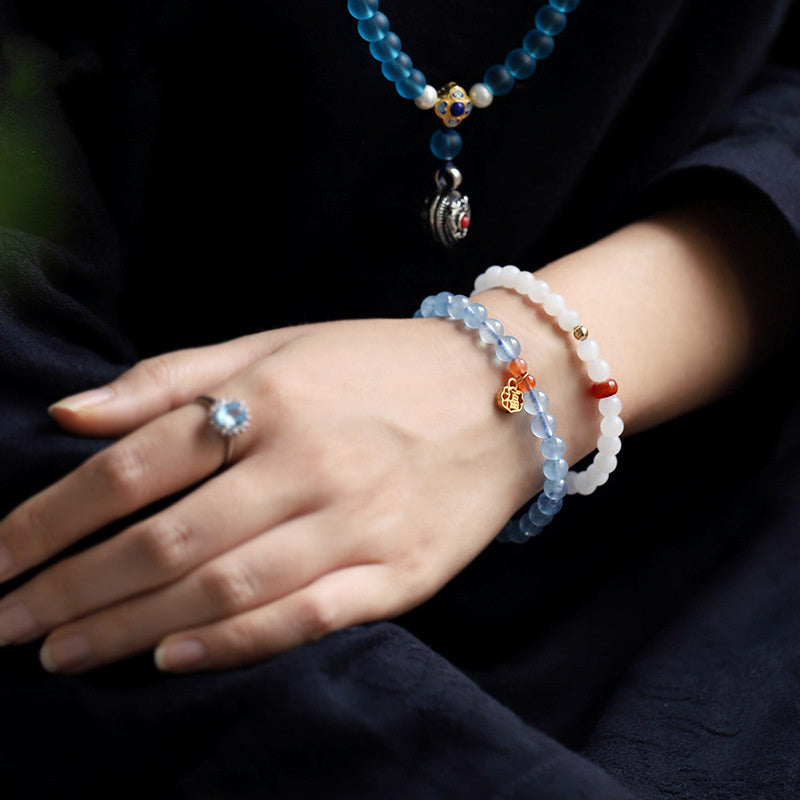 Fortune Jewel Natural Aquamarine Red Agate Healing Charm Bracelet
