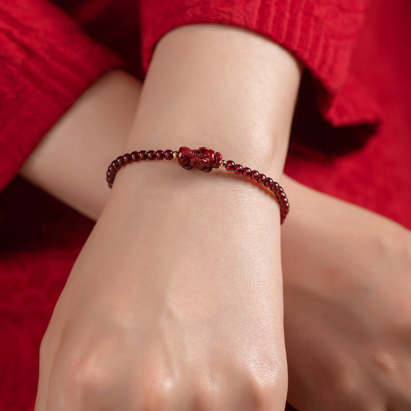 Fortune Jewel Garnet Cinnabar PiXiu Blessing Calm String Bracelet