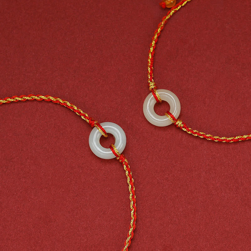 Fortune Jewel Round Peace Buckle Jade Luck Abundance Braided Bracelet Anklet
