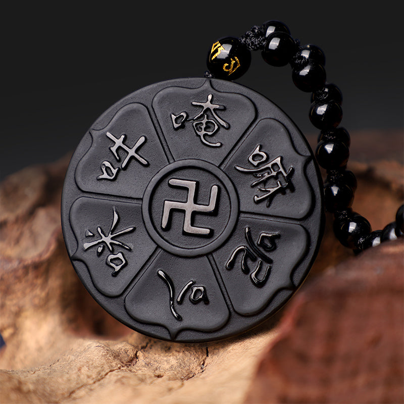 Fortune Jewel Natural Black Obsidian Tibetan Om Mani Padme Hum Buddha Swastika Luck Necklace Pendant