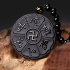Fortune Jewel Natural Black Obsidian Tibetan Om Mani Padme Hum Buddha Swastika Luck Necklace Pendant