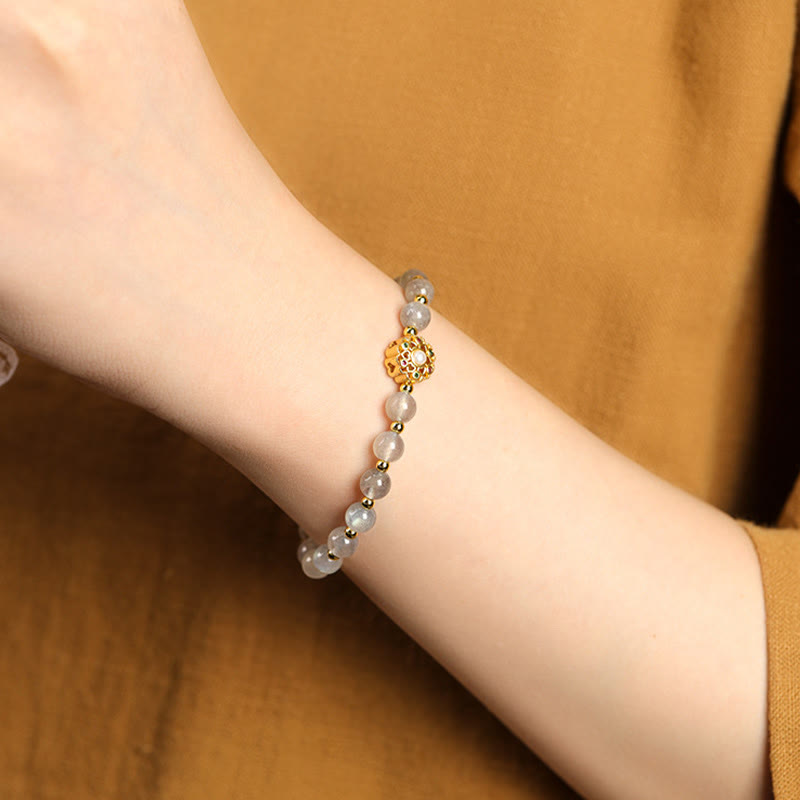 Fortune Jewel 14K Gold Plated Natural Strawberry Quartz Labradorite Sun Stone Fu Character Positive Charm Bracelet