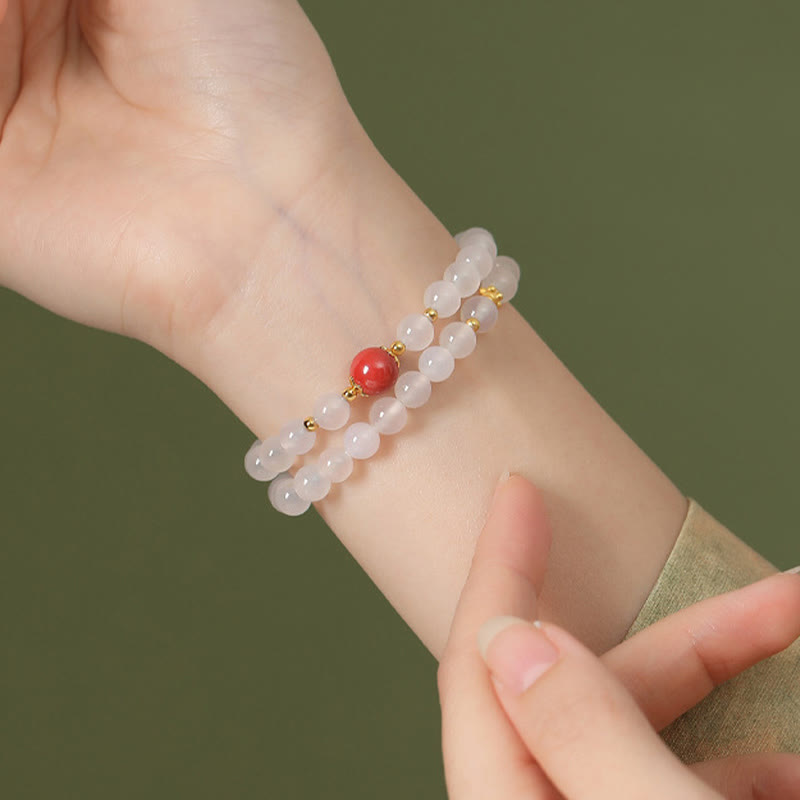 Fortune Jewel 925 Sterling Silver Natural White Agate Cinnabar Double Wrap Protection Bracelet