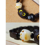 Fortune Jewel Ebony Wood Cute Cat Bodhi Seed Paw Claw Square Beads Calm Bracelet