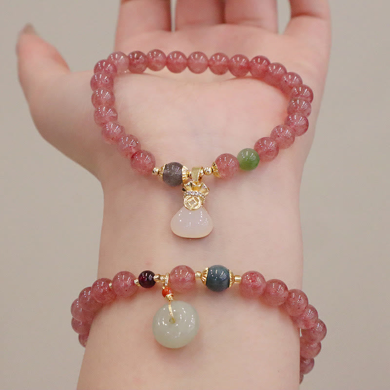 Fortune Jewel Natural Strawberry Quartz Jade Peace Buckle Coin Purse Healing Bracelet