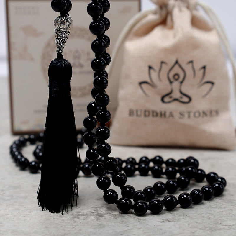 Fortune Jewel 108 Mala Black Onyx Beads Yoga Meditation Prayer Beads Necklace