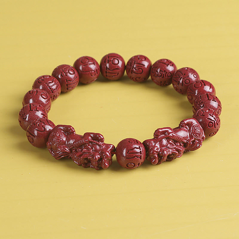 Fortune Jewel Natural Double PiXiu Cinnabar Om Mani Padme Hum Wealth Luck Bead Bracelet