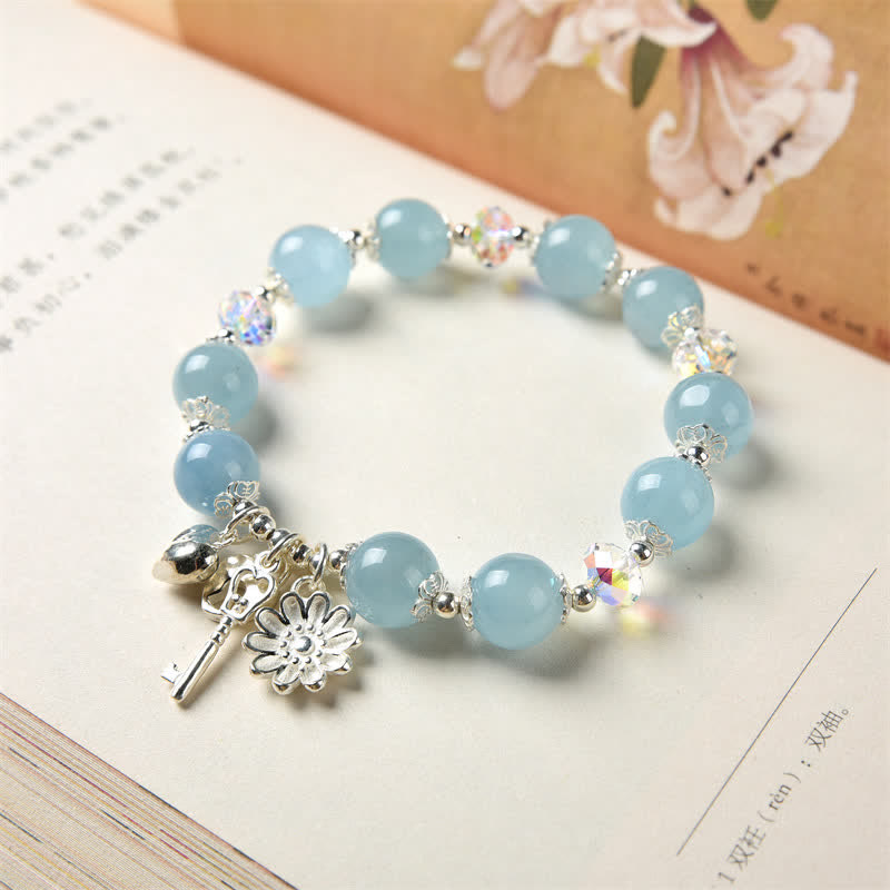 Fortune Jewel 925 Sterling Silver Natural Aquamarine Serenity Flower Love Key Charm Bracelet
