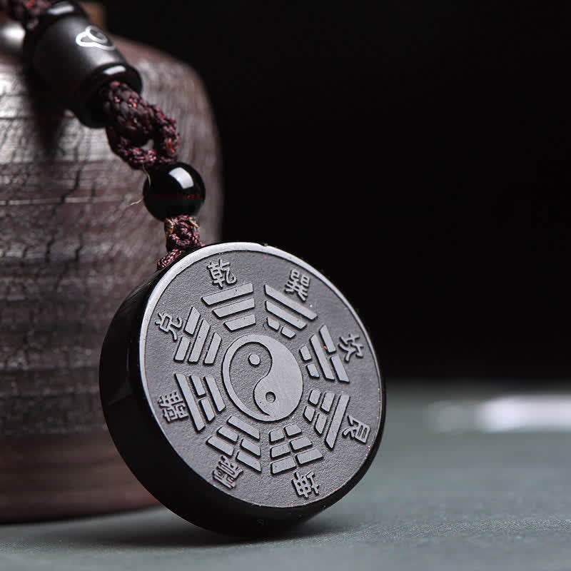 Fortune Jewel Black Obsidian Bagua Yin Yang Strength Necklace Pendant