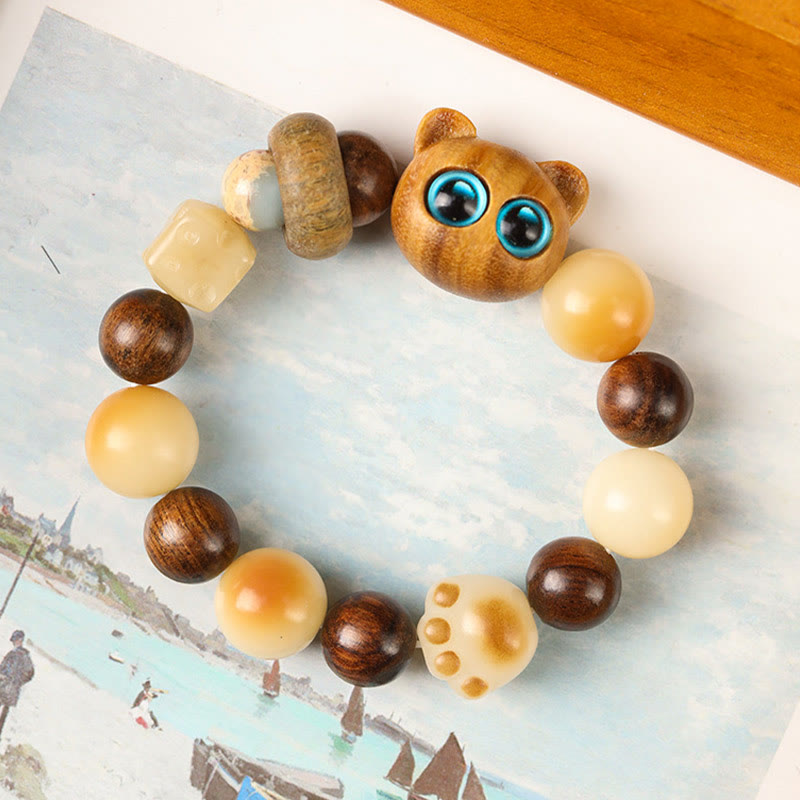 Fortune Jewel Natural Bodhi Seed Sandalwood Lucky Cute Cat Head Paw Claw Peace Bracelet