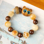 Fortune Jewel Natural Bodhi Seed Sandalwood Lucky Cute Cat Head Paw Claw Peace Bracelet