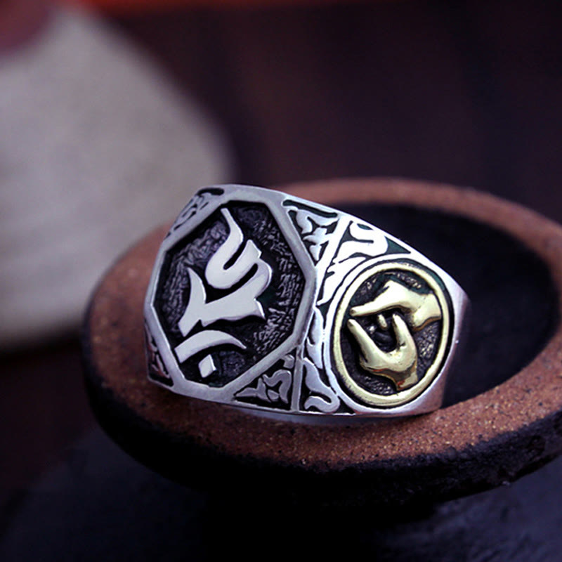 Fortune Jewel 925 Sterling Silver Sanskrit Design Carved Protection Adjustable Ring