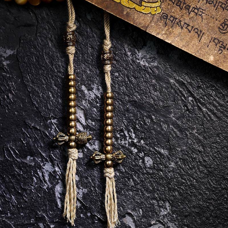 Fortune Jewel 108 Mala Beads Natural Tiger Eye Copper Dorje Protection Tassel Bracelet