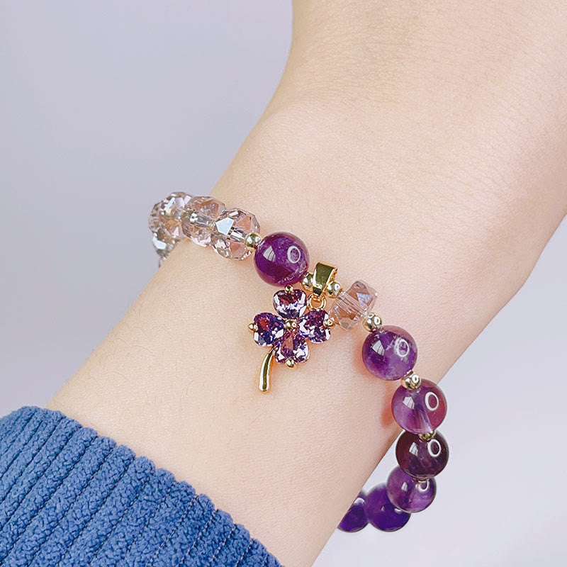 Fortune Jewel Amethyst Crystal Four Leaf Clover Healing Charm Bracelet