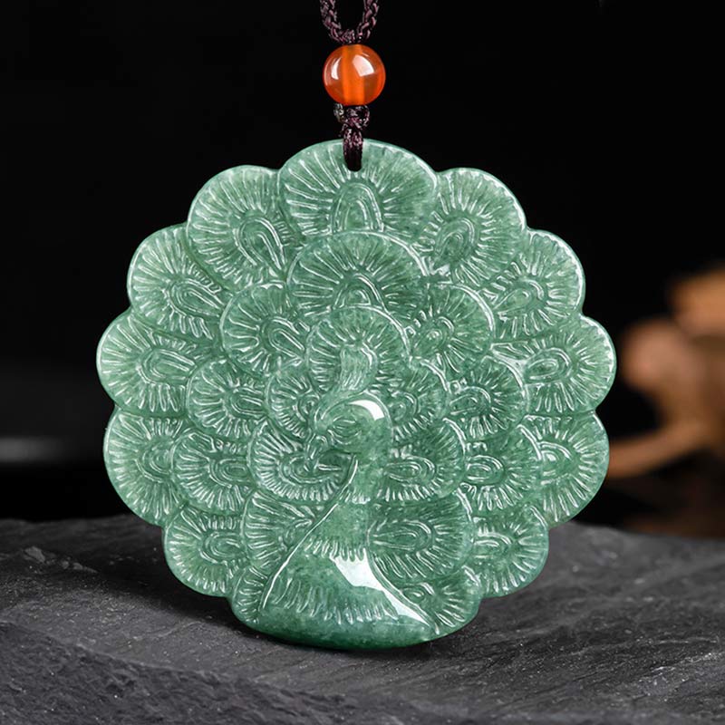 Fortune Jewel Natural Jade Peacock Luck Prosperity Necklace Pendant