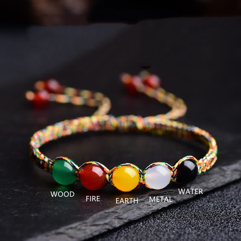 Fortune Jewel Colorful Agate Metal Wood Water Fire Earth Five Elements String Bracelet