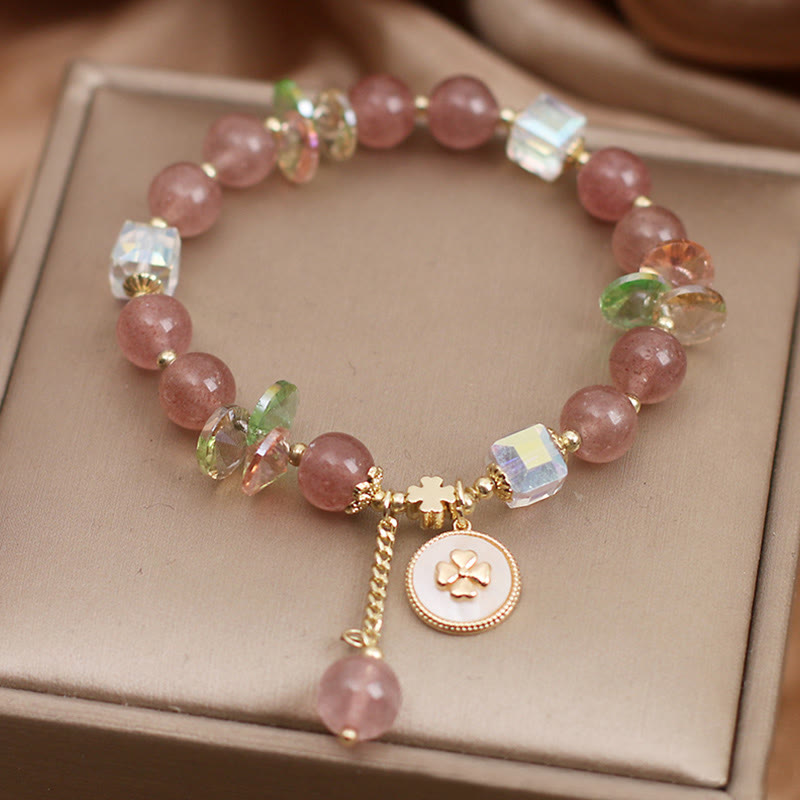 Fortune Jewel Strawberry Quartz Lucky Four Leaf Clover Healing Charm Bracelet