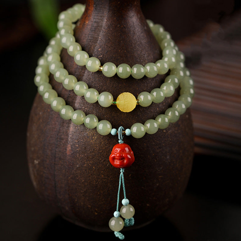 Fortune Jewel Jade Red Agate Amber Laughing Buddha Prosperity Bracelet