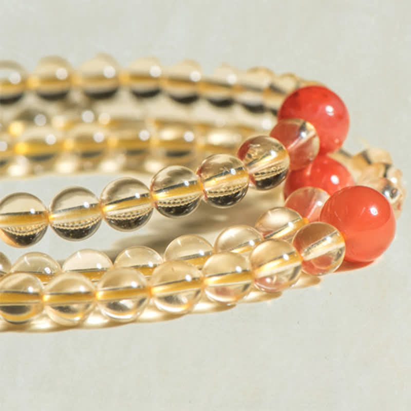 Fortune Jewel 108 Mala Beads 925 Sterling Silver Natural Citrine Red Agate White Jade Prosperity Charm Bracelet
