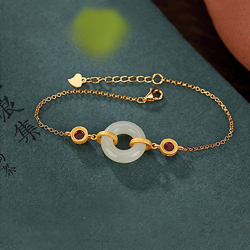 Fortune Jewel 925 Sterling Silver Plated Gold Natural Hetian Jade Peace Buckle Red Agate Luck Bracelet