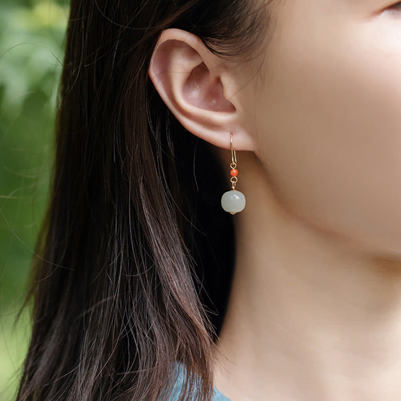 Fortune Jewel 925 Sterling Silver Plated 14k Gold Hetian Jade Red Agate Luck Drop Dangle Earrings