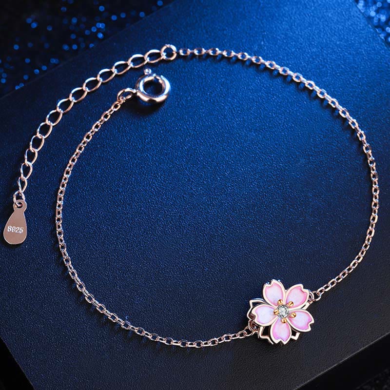Fortune Jewel 925 Sterling Silver Cherry Blossom Blessing Chain Bracelet Rotatable Ring