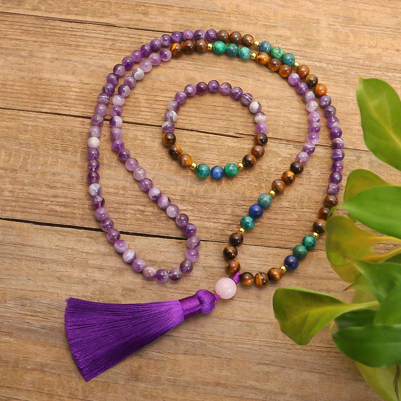 Fortune Jewel Tibetan Amethyst Purify Bracelet Mala Set