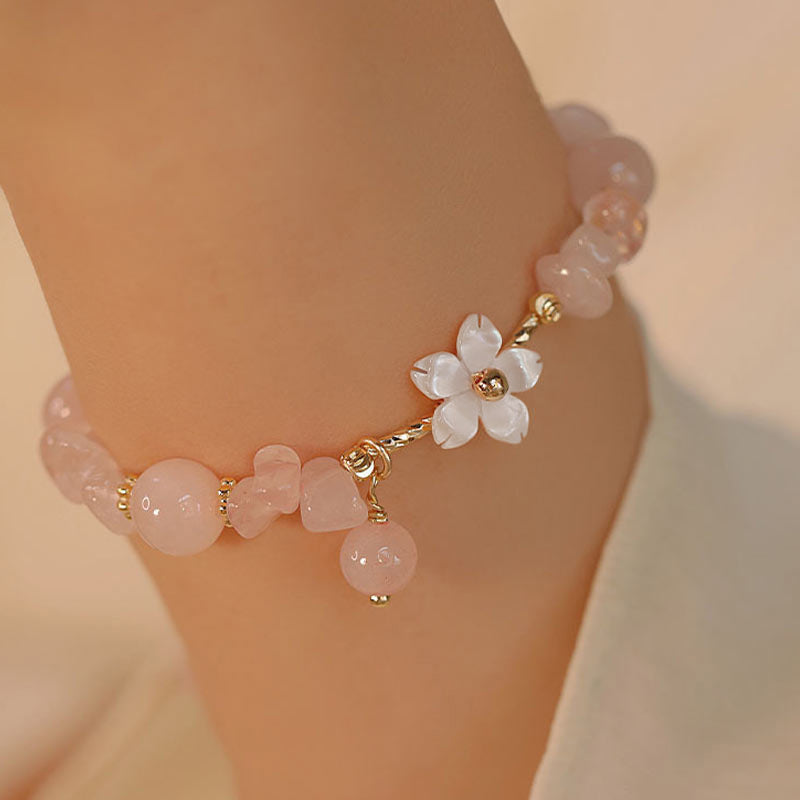 Fortune Jewel 14k Gold Plated Natural Pink Crystal Flower Love Bracelet