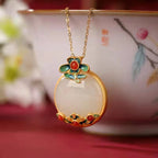 Fortune Jewel White Jade Red Agate Flower Blessing Luck Necklace Pendant